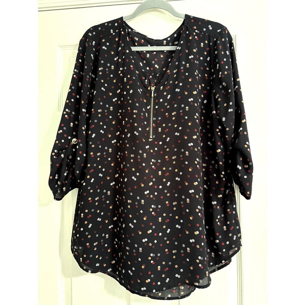 Maurices Quarter Zip Roll Tab Blouse, Black with Polka Dots, Women's XL
